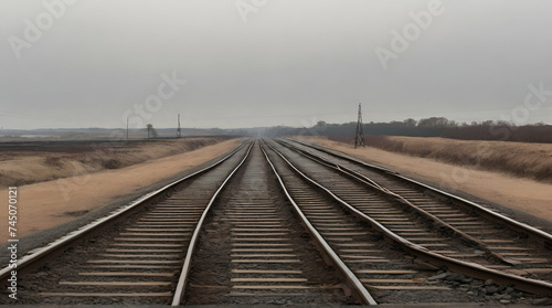 Photograph of Bare Train Tracks: Minimalist Railway Scene. generative.ai
