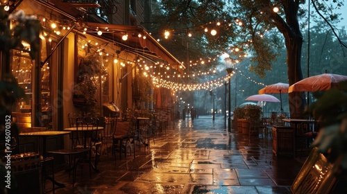 serene rain sky composition, illuminated by the warm and inviting glow of cafe lights, creating a cozy and comforting ambiance during rainfall