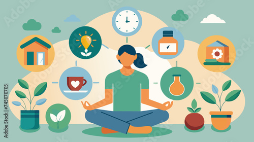Woman Meditating Surrounded by Wellbeing and Home Icons