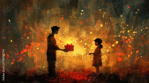 Illustrate the instant a surprise gift brings unspoken happiness, blending emotions and expressions in a singular moment