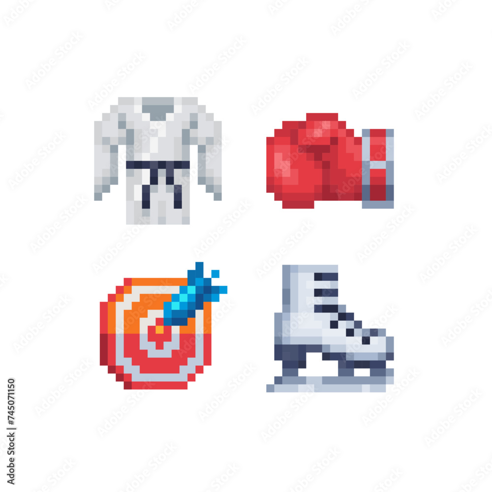 Fototapeta premium Sport pixel art style icons set, emoji. Achievement logo. 8-bit sprite. Design for logo game, sticker, web, mobile app, badges and patches. Isolated vector illustration. Game assets.