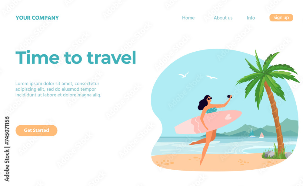 Travel concept landing web page, girl with surfboard