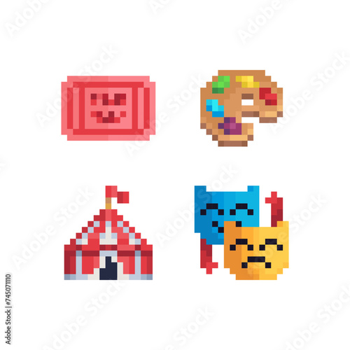 Carnival masks, circus, palette, ticket, pixel art icons set. Flat style. 8-bit. Design for logo, sticker, mobile app. Game assets. Isolated abstract vector illustration.