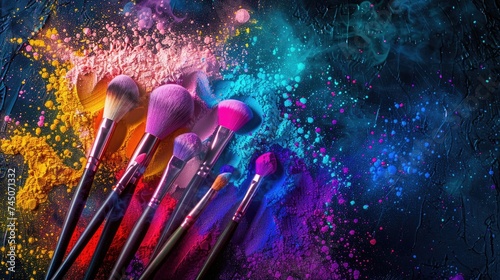 A striking top view of colorful makeup brushes and powders artistically arranged with copy space. photo