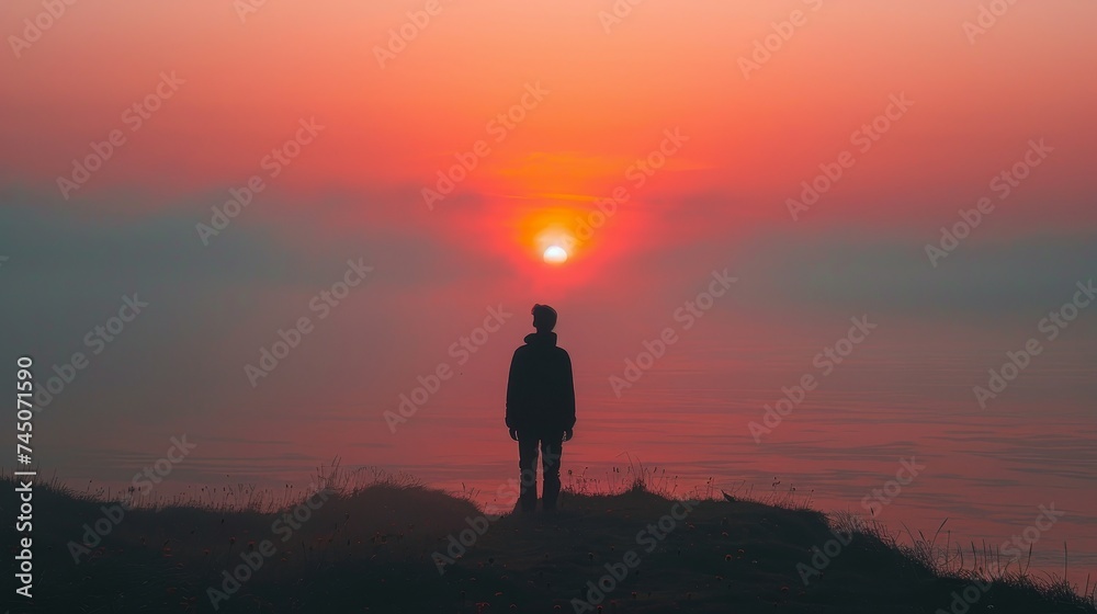 Visualize a solitary figure against a fading sunset, embodying the loneliness that dusk brings
