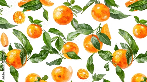 Oranges and Leaves Pattern: Citrus Fruit Illustration on White