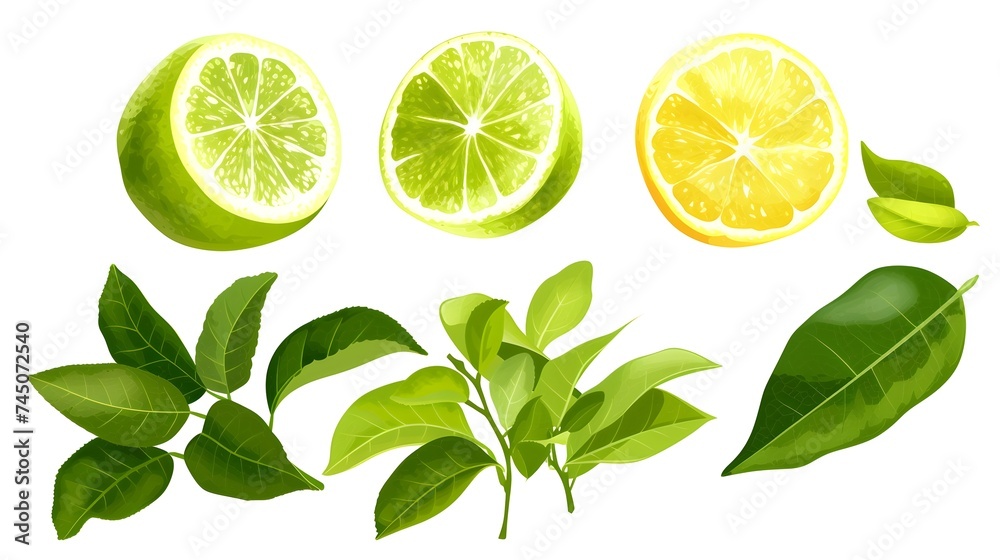 Lush Citrus Leaf Art: Green Leaves on Clean White Background
