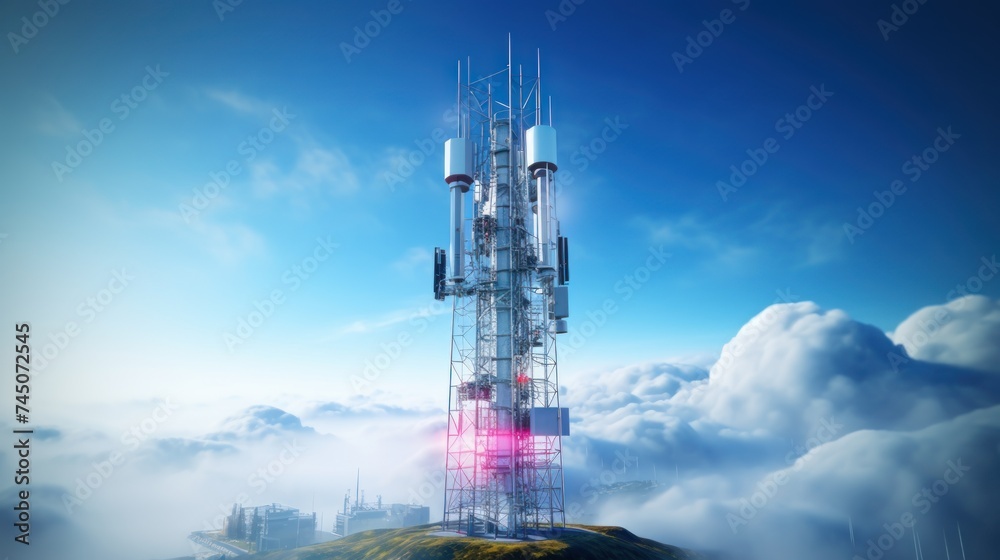 Telecommunication tower cellular. Macro Base Station. 5G radio network telecommunication equipment with radio modules and smart antennas mounted on metal against a clouds sky background. - obrazy, fototapety, plakaty 