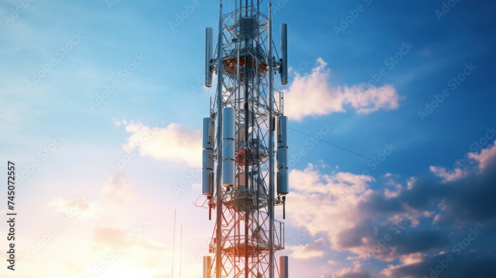 Telecommunication tower cellular. Macro Base Station. 5G radio network telecommunication equipment with radio modules and smart antennas mounted on metal against a clouds sky background. Telecommunication tower cellular. Macro Base Station. 5G radio network telecommunication equipment with radio modules and smart antennas mounted on metal against a clouds sky background.