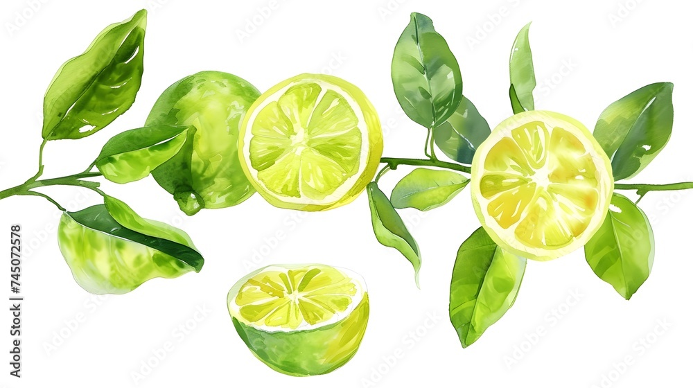 Vibrant Citrus Foliage: Fresh Green Leaves on White Background