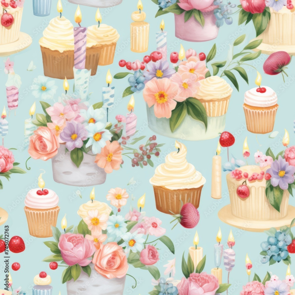 Pastel birthday party pattern with festive motifs and colorful decorations for celebration Pastel birthday party pattern with festive motifs and colorful decorations for celebration