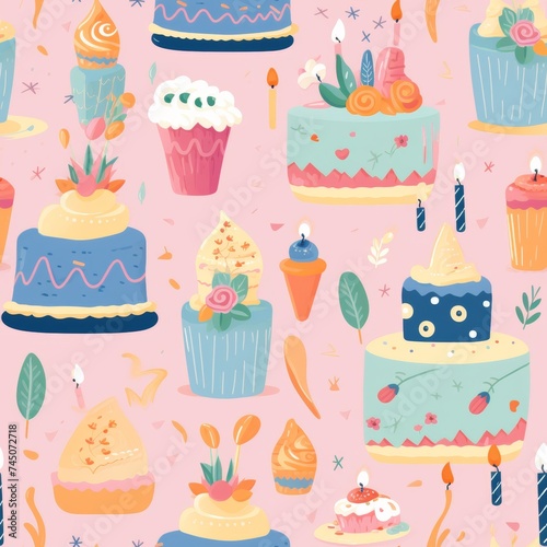 Pastel birthday pattern with festive holiday motifs for greeting cards and gift wrapping