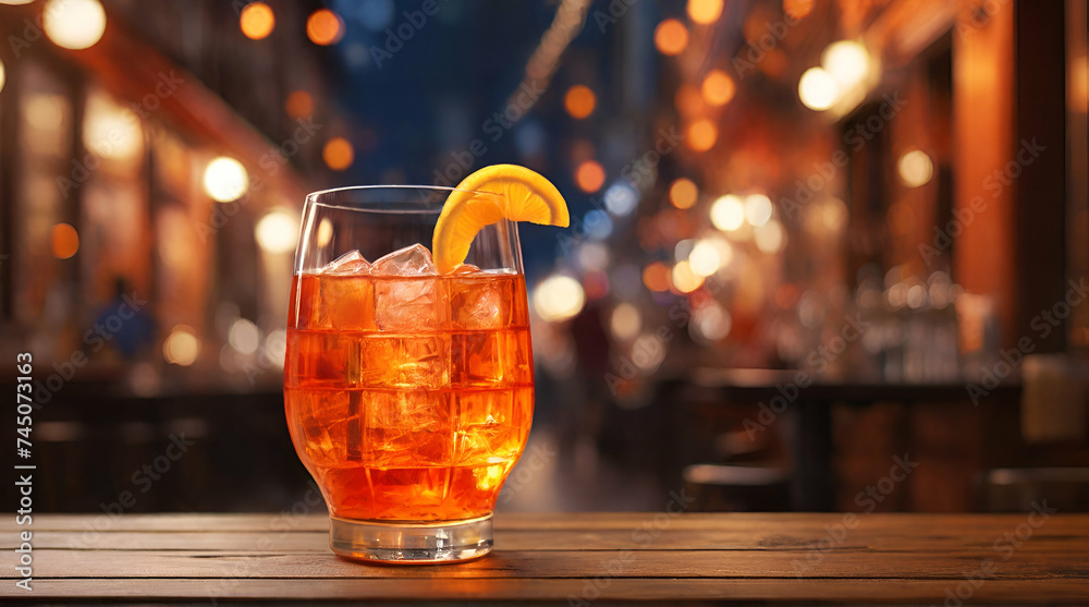 Generative AI, glass of Aperol Spritz on wooden table with blur background. generative.ai