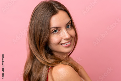 Portrait caucasian woman isolated on pink background . Portrait