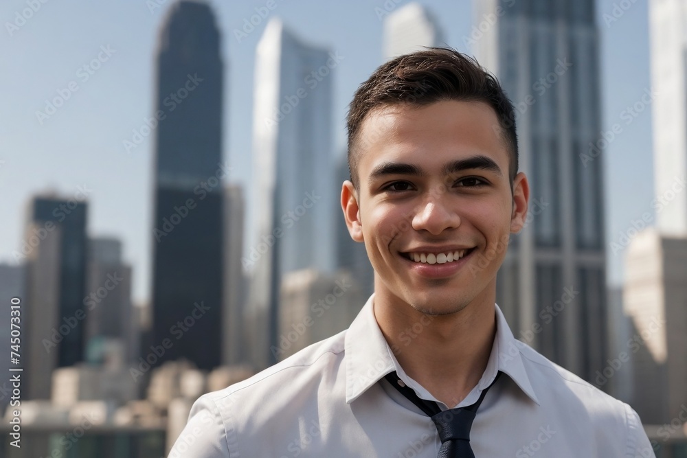 Portrait of a young handsome businessman standing against a backdrop of modern skyscrapers with copy space. Portrait of a young handsome businessman standing against a backdrop of modern skyscrapers with copy space.