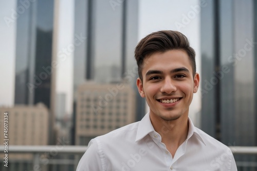 Portrait of a young handsome businessman standing against a backdrop of modern skyscrapers with copy space.