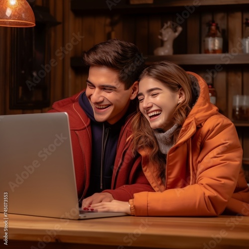 Happy young married couple sitting together and smiling at laptop in their cozy home office