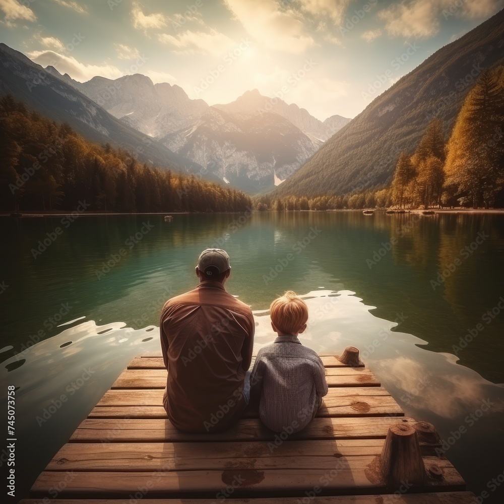 Happy family moment. father and two children admiring stunning mountain view on wooden pier