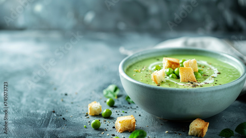 Green pea soup with croutons in a bowl on black slate rustic background. Epicure background with copy space.