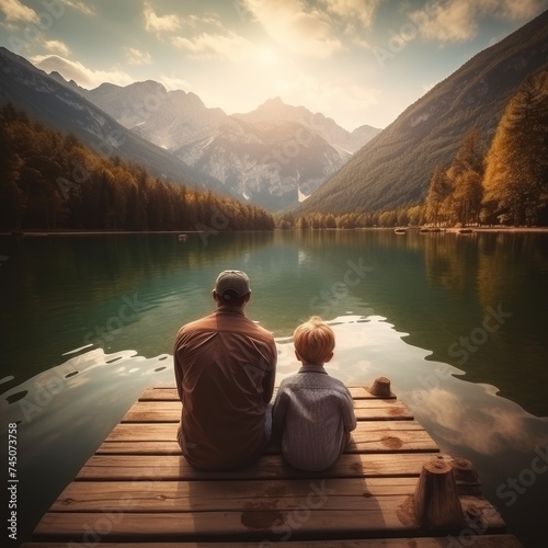 Happy family moment. father and two children admiring stunning mountain view on wooden pier © Daria