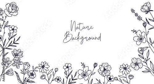 Minimal botanical hand drawing design for logo and wedding invitation. Floral line art. Flower and leaves on watercolour background design collection
