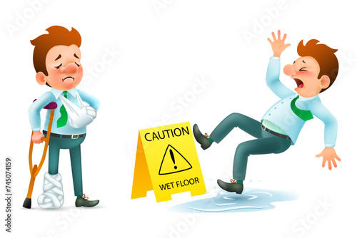 cartoon man having accident slipping on wet floor and  broken leg and arm. man with crutches having gypsum bandage near yellow caution sign on a white background. isolated vector illustration.