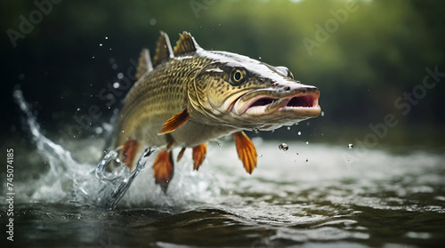 Fresh water pike fish jumping out of the water. Fishing concept. Background with selective focus. generative.ai © Amara