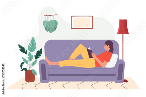 Woman reading book at home. Vector illustration