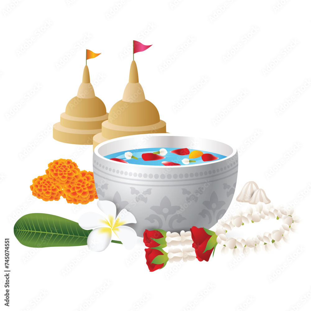 Φωτογραφία Thailand's Water Festival, Songkran elements with water bowl, flowers garland an