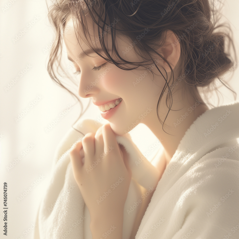 young beautiful woman smelling white towels in a white bathrobe - obrazy, fototapety, plakaty 