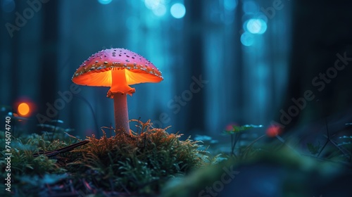 A luminous red mushroom stands out in a mystical blue forest, creating an aura of fantasy and mystery, suitable for themes of nature, magic, or otherworldly experiences, with text space.
