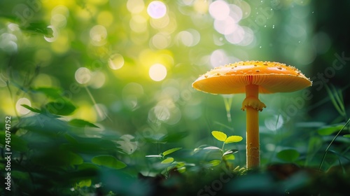 A single vivid orange mushroom in an enchanted forest setting exudes a magical ambiance, perfect for themes of fantasy, nature's wonder, or ecological diversity, with copy space.