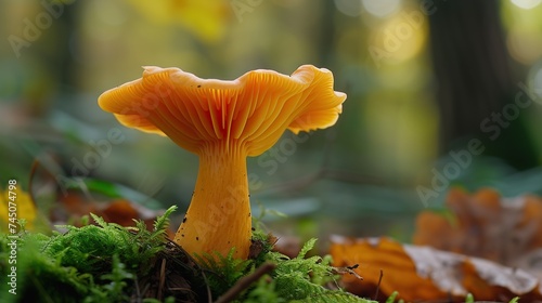 A luminous orange mushroom in the forest, highlighted by natural sunlight, perfect for nature and autumn themes, ecological concepts, or educational content, with copy space.