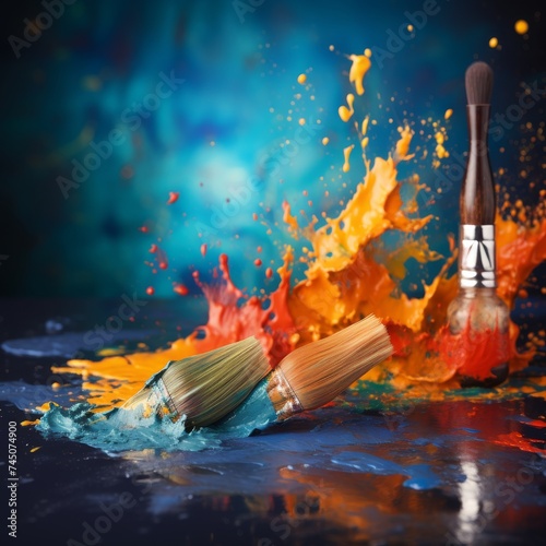 Colorful paint brush splashes on canvas, artist brushes closeup on artistic canvas photo