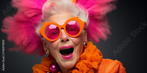 old woman in orange glasses, image