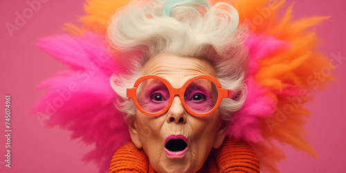 old woman in orange glasses, image