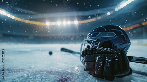 Low angle view of hockey helmet, skates; gloves; stick and puck on ice with deliberate shallow depth of field on brightly lit stadium background and copy space. photo