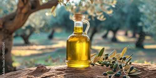savor the rich tapestry of the countryside with every drop of this extra virgin olive oil, adorned with olives amid the whispering groves. ai generated photo