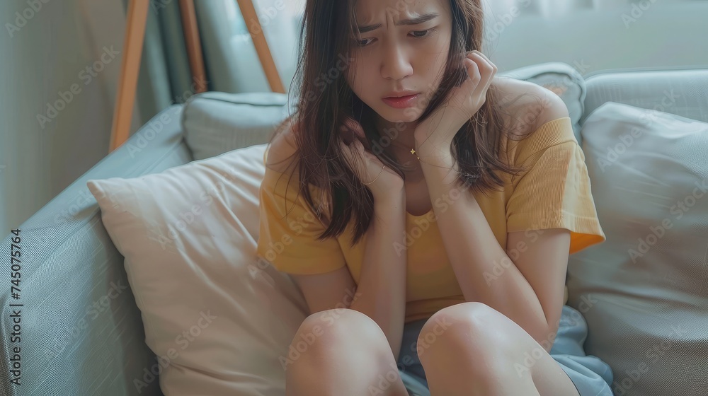 Sick young woman suffering from menstrual pain. Woman with hands squeezing belly having painful stomach ache or period cramps sitting on sofa, Abdominal pain, gastritis, and painful periods concept Sick young woman suffering from menstrual pain. Woman with hands squeezing belly having painful stomach ache or period cramps sitting on sofa, Abdominal pain, gastritis, and painful periods concept