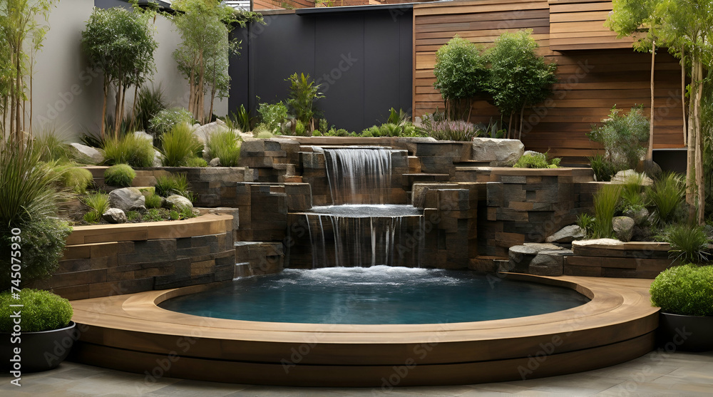 contemporary outdoor water feature for homes large banner featuring a waterfall fountain and copy space for ideas of garden and landscape design. generative.ai
