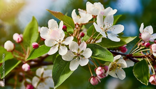Branch of fruit tree with blooming flowers, blurred natural backdrop