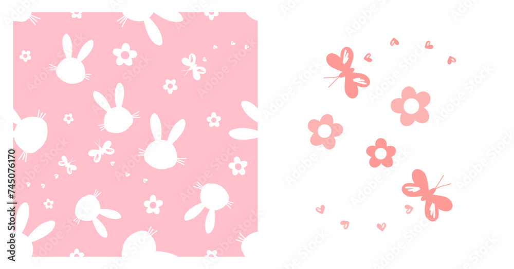 Seamless pattern with bunny rabbit cartoon, cute flower and butterflies on white background vector illustration.