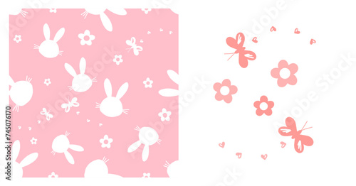 Seamless pattern with bunny rabbit cartoon, cute flower and butterflies on white background vector illustration.