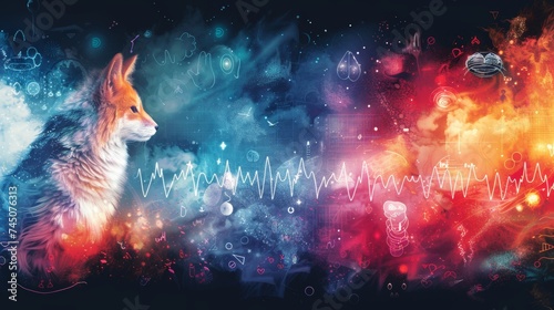 A fox is artistically merged into a cosmic dreamscape filled with abstract elements and vibrant energy waves.