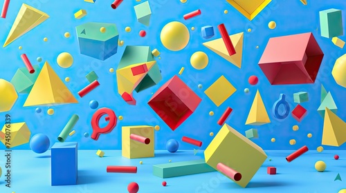 Flying 3D geometric shapes on the space with Malevich style. Red, yellow, blue and green colors. Minimalistic or maximalistic. Textured with plastic