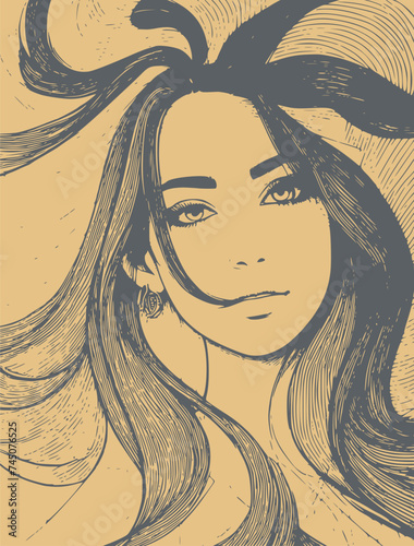 Young woman face front view in low key style. Elegant silhouette of a female head.