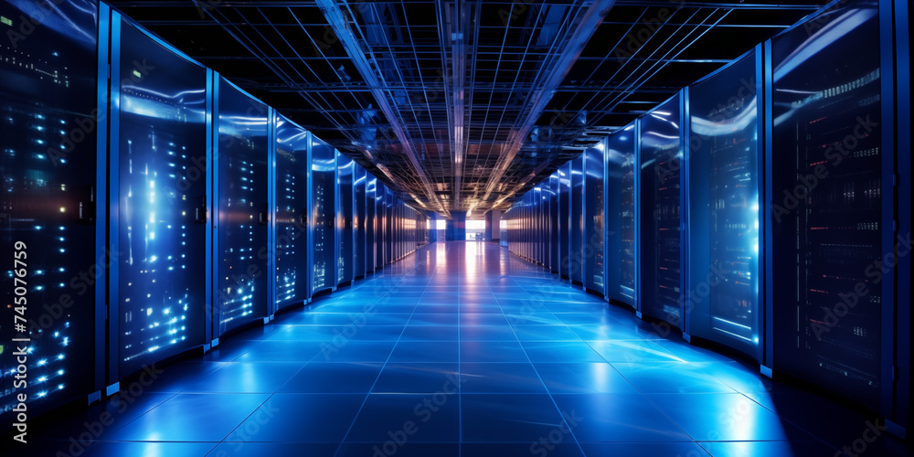 High-Tech Rechenzentrum, futuristische Server in einem digitalen Serverraum, Cloud Technologie
