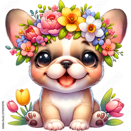 French bulldog cute puppy flowers wreath cartoon illustration 