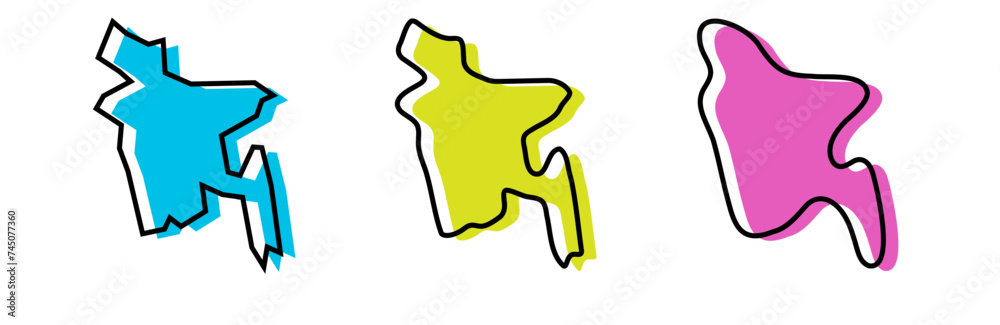 Bangladesh country black outline and colored country silhouettes in three different levels of smoothness. Simplified maps. Vector icons isolated on white background. Bangladesh country black outline and colored country silhouettes in three different levels of smoothness. Simplified maps. Vector icons isolated on white background.