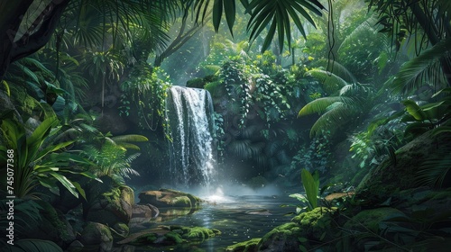 Hidden rain forest waterfall with lush foliage and mossy rocks